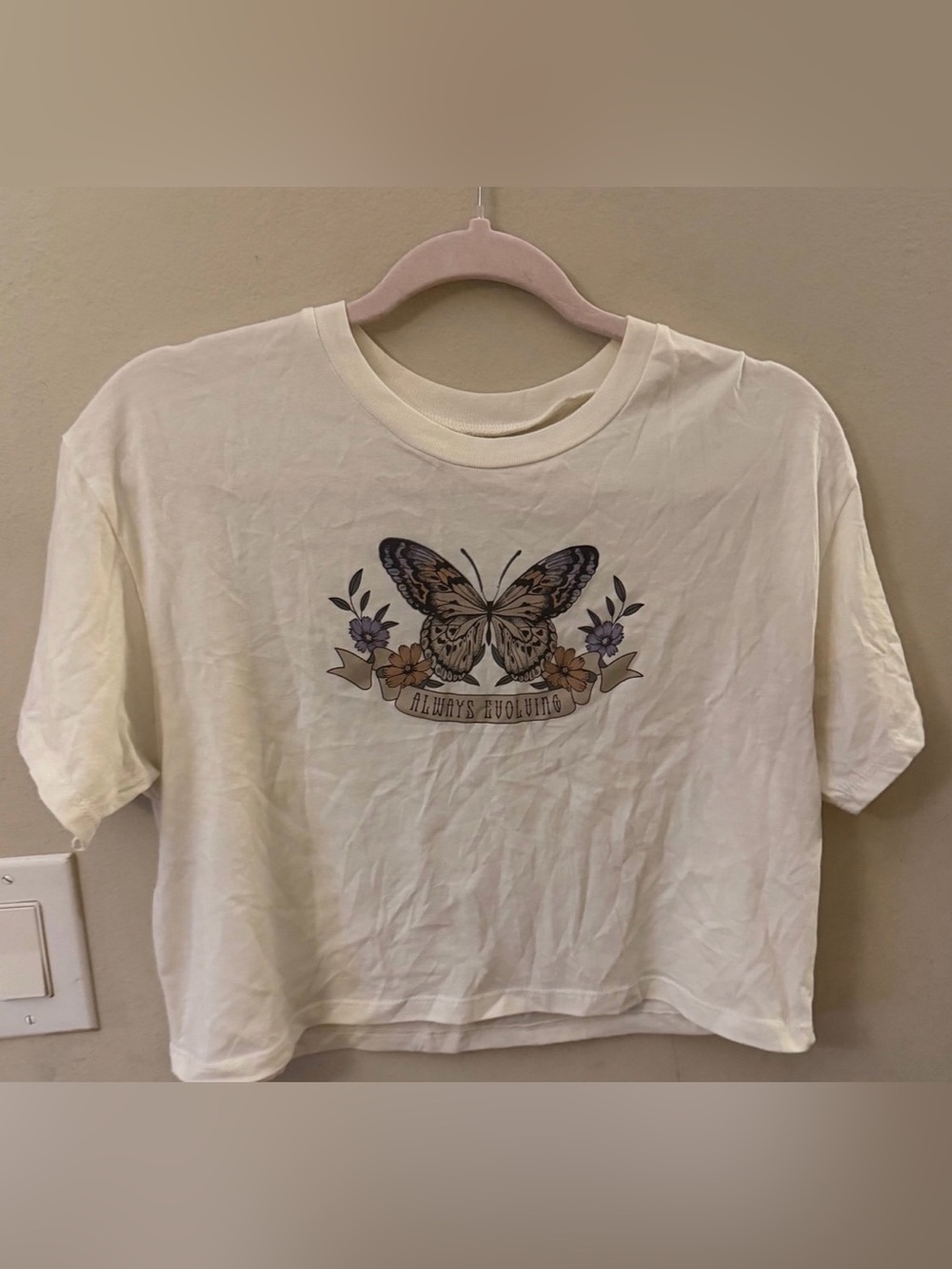 Cream Butterfly Graphic Crop Tee - Women's Short Sleeve